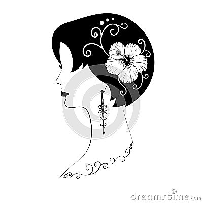 Exquisite short-haired female profile with black hair, hibiscus flower in her hair, beautiful patterns and long earrings - vector Vector Illustration